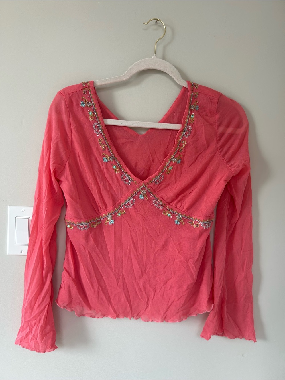 Y2K Embroidered V-Neck Long Sleeve Top - Coral Pink